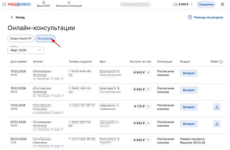 Отображение прошедших онлайн консультаций