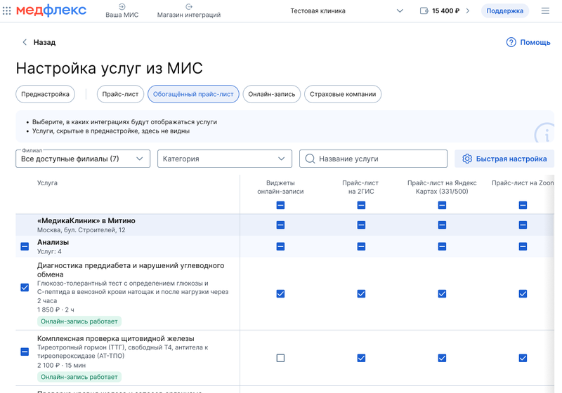 Вкладка обогащённый прайс лист